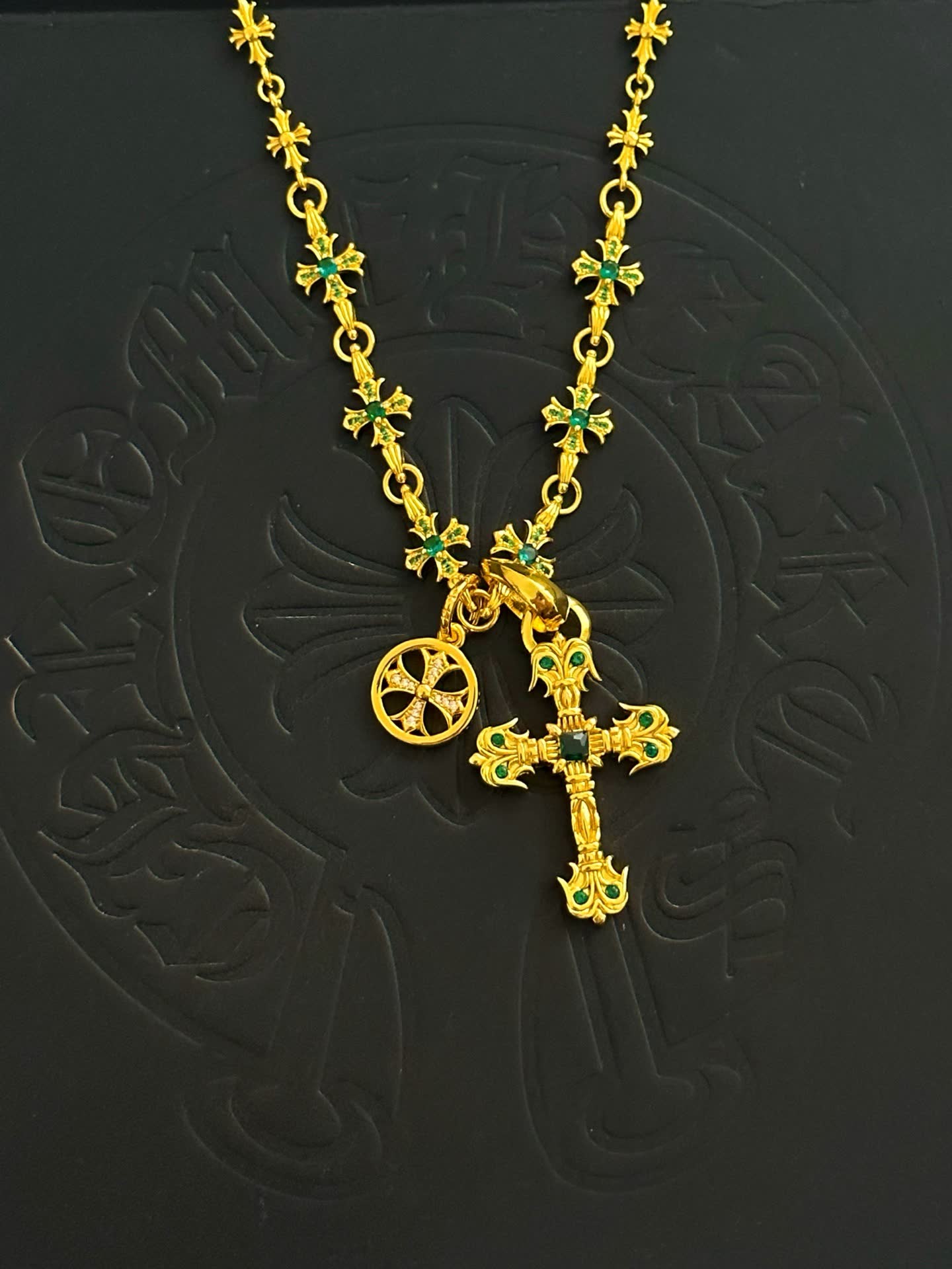 Chrome Hearts Gold Cross Pendant Necklace with Emerald Accents